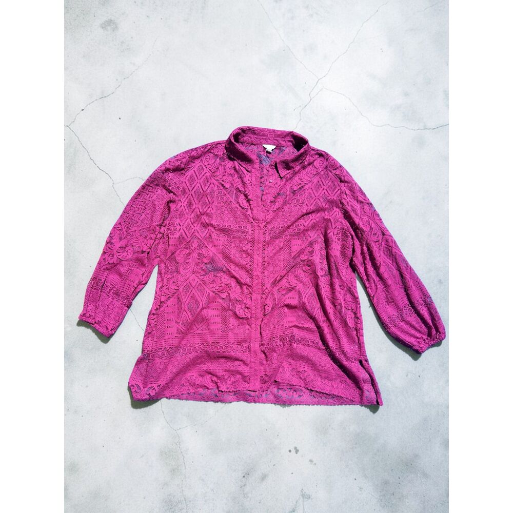 Cato Plus Size 26 28 Magenta Pink Floral Lace Button Down Blouse Top